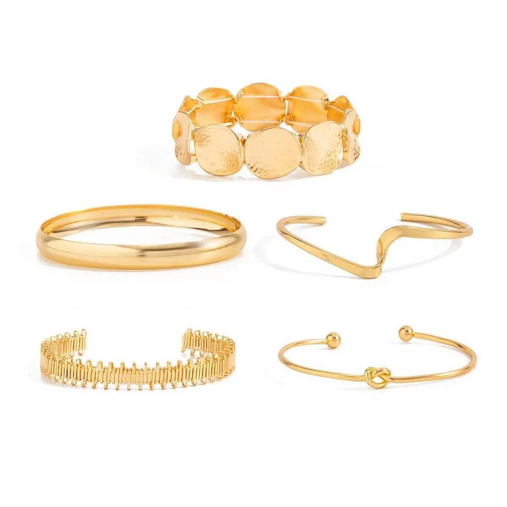 SHIXIN 5Pcs/Set Vintage Exaggerated Knot Irregular Open Geometric Wide Gold Color Stack Bracelets Women Daily Wear Jewelry Gifts