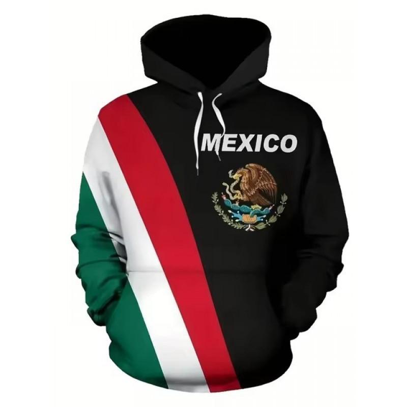 Unisex Hooded Sweatshirt With 3D Digital Print Mexican Flag Emblem Fleece-Lined Winter