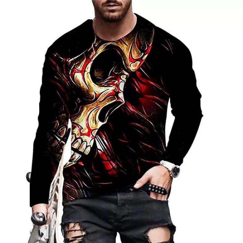 New 3D Skull Printed Street Trendy Loose Casual Men's Round Neck Long Sleeve T-shirt