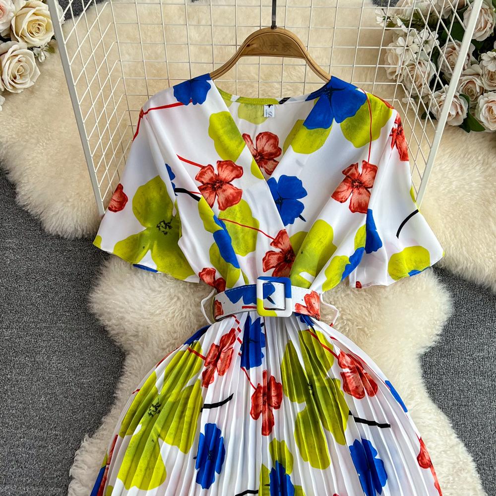 Summer Women's Light Mature Style Retro Temperament Short-sleeved V-neck Waist Thin Medium-length A-print Pleated Dress