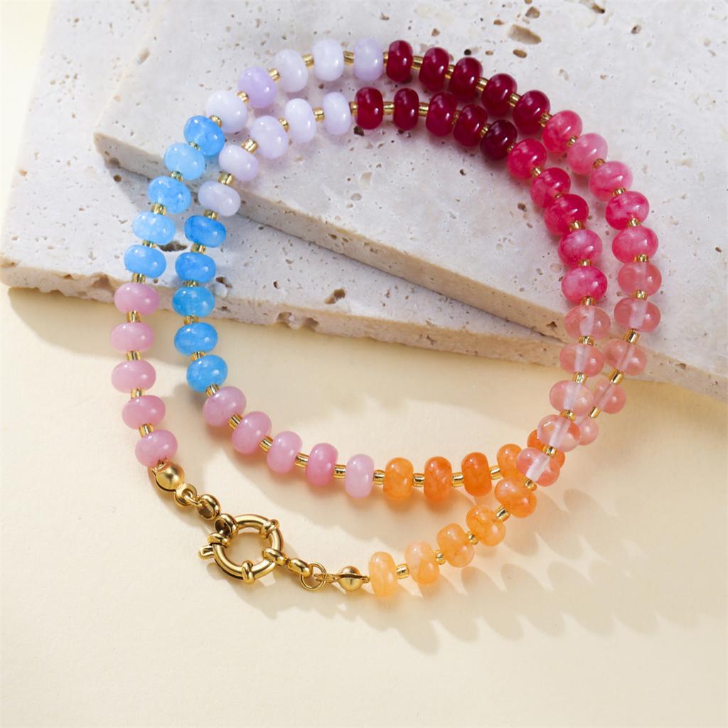  Natural Rainbow Colorful Beads Necklace Natural Stone Beaded Choker Summer Beach Boho Vacation Women's Fashion Jewelry