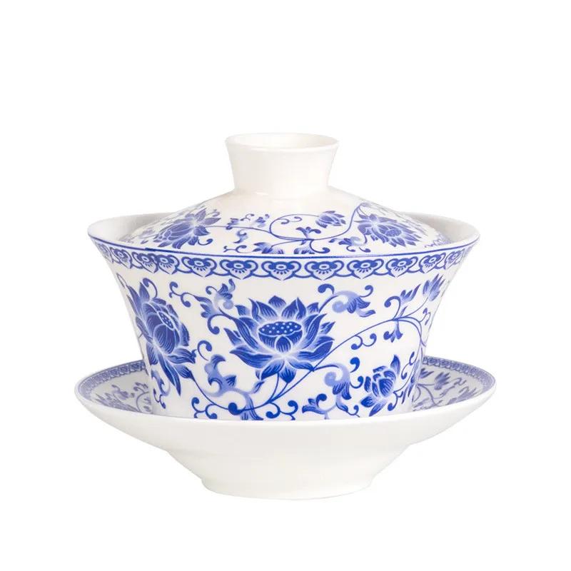Retro Sancai Gaiwan Chinese Tea Bowls Set, Blue and White Porcelain Tureen, Ceramic Puer Cups, Household Drinkware, Jingdezhen