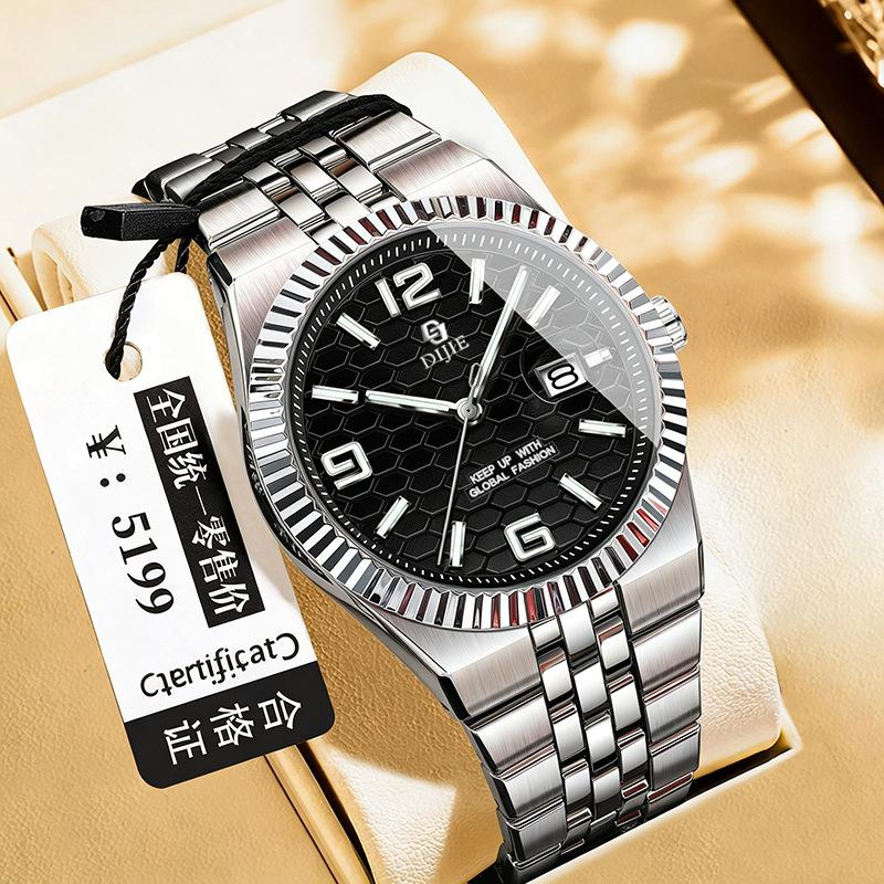 Orologio da polso meccanico completamente automatico autentico in acciaio inossidabile, lancette luminose, data, resistenza all'acqua 10m, diretto dalla fabbrica