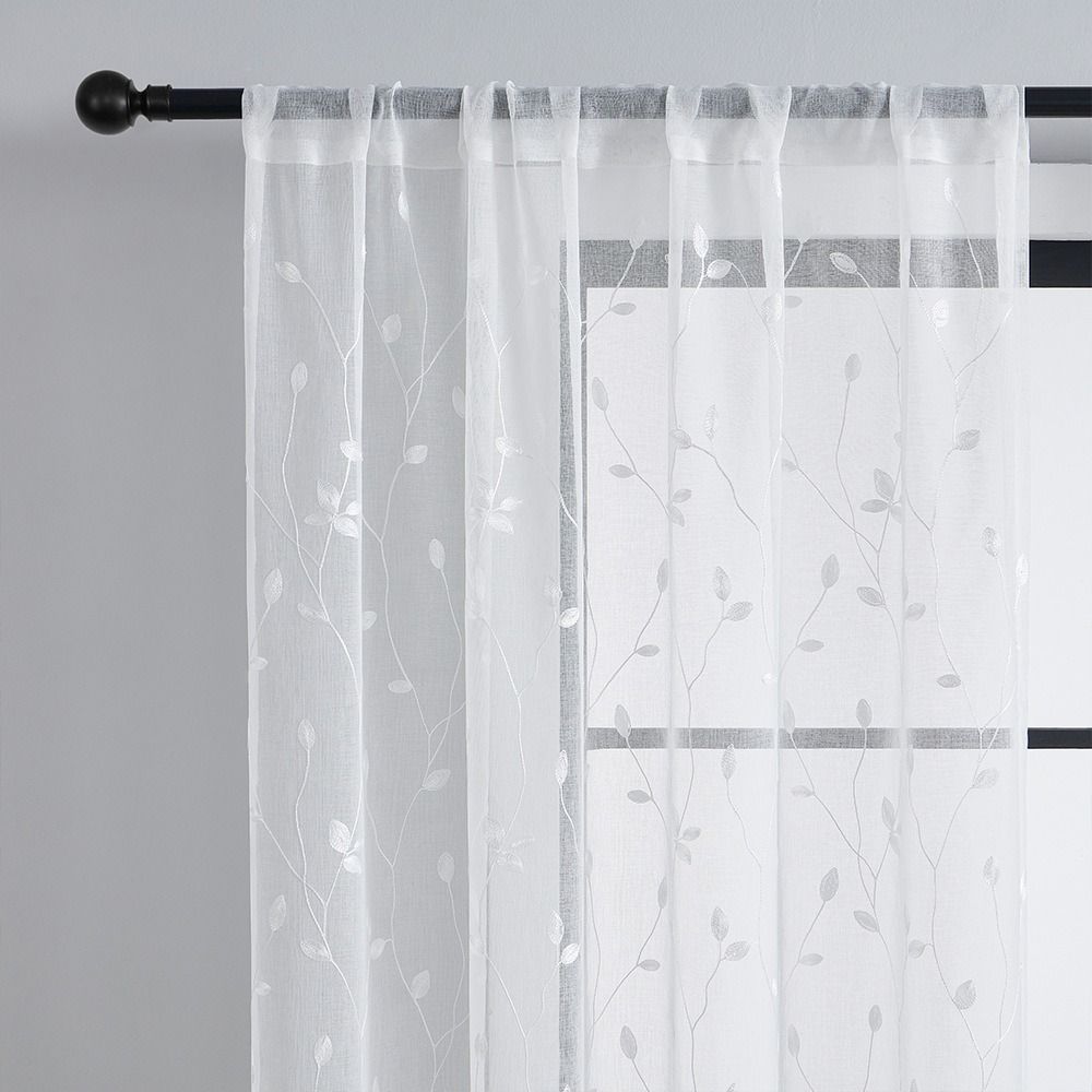 Pastoral Style Window Drapes Embroidery Tulle Curtain Leaf Pattern Sheer Curtain Home Decoration