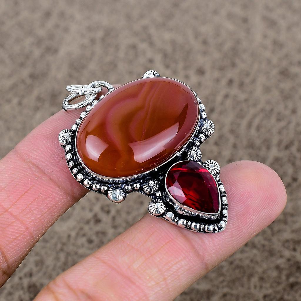 Carnelian, Garnet Gemstone 925 Sterling Silver Jewelry Pendant 2.01" KKG-346