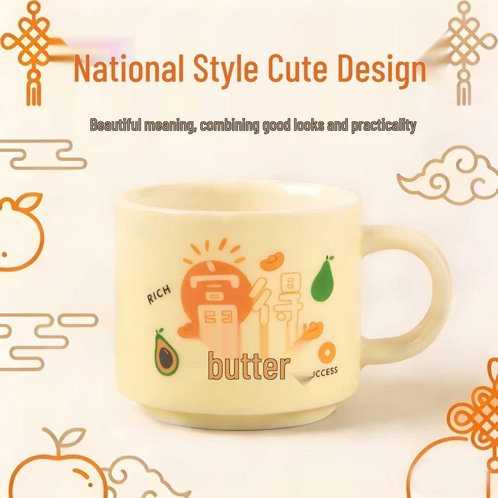 Chinese-Style Cute Ceramic Mug with Handle - Creative Office & Breakfast Cup, Ideal for Couples or as a Gift