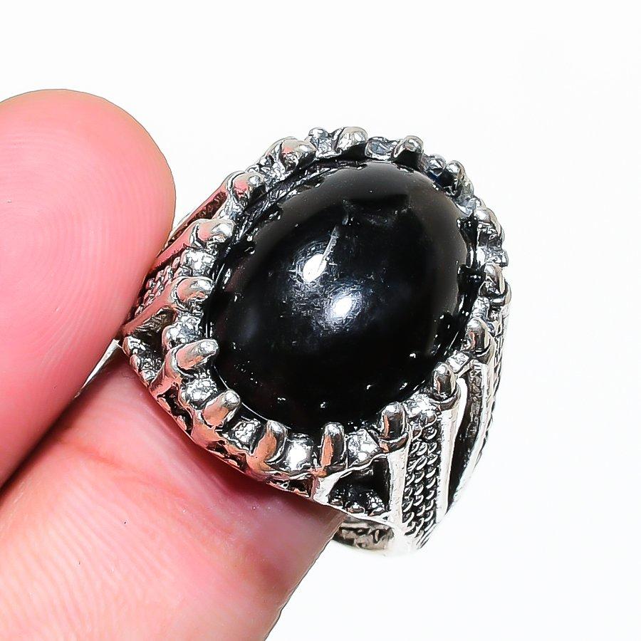 Natural Black Onyx Gemstone 925 Sterling Silver Jewelry Ring Size 8 RR-730