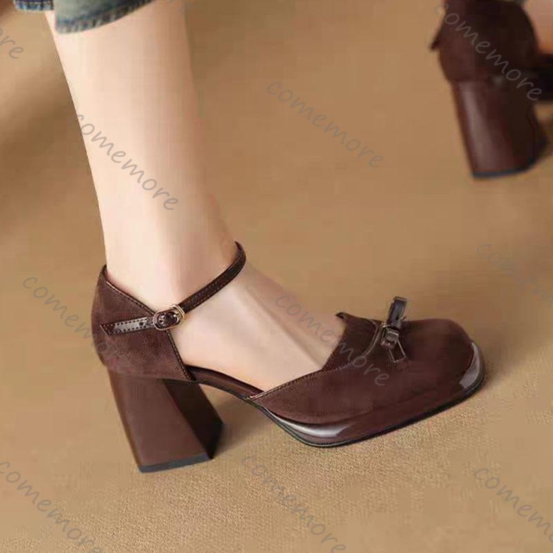 Fashion Comemore Women Shoes Square Toe Shallow Mouth Pumps for Women Retro Style High Heel Ladies Dress Fashion Suede Mary Jane Shoes