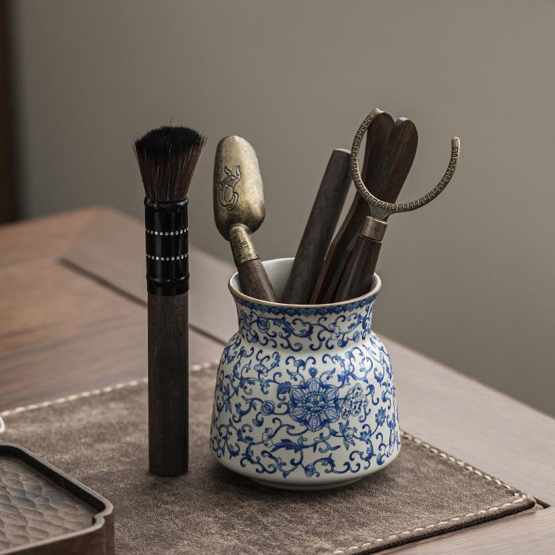 Ru Kiln Twisted Branch Lotus Tea Ceremony Six Gentlemen Set Tea High-grade Ceramic Storage Tube Tea Ceremony Zero with Tea Clip Tea Spoon