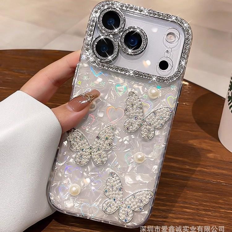 Rhinestone pearl butterfly is suitable for Apple 17Pro mobile phone case iphone16 with its own lens film 15 all-inclusive anti-drop.