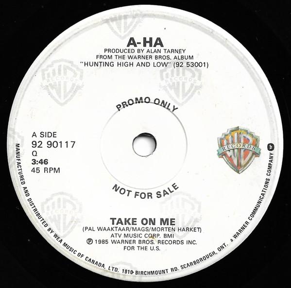 7-дюймовая пластинка AHA Take On Me 9290117PROMO Warner Bros. Канада 1985 Танцевальная Электроника Б/У