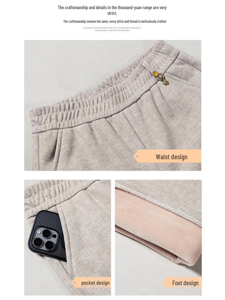 2025 Autumn/Winter Women's Solid Elastic Waist Straight-Leg Pants, Plus Velvet Thickened for Warmth, Ideal for Middle-Aged Mothers