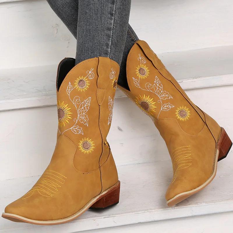 Fashion 2025 Autumn New Women Shoes Fashion Embroidery Flower Pointed Toe Mid Calf Boots Chunky Heels Western Cowboy Boots Botas Mujer