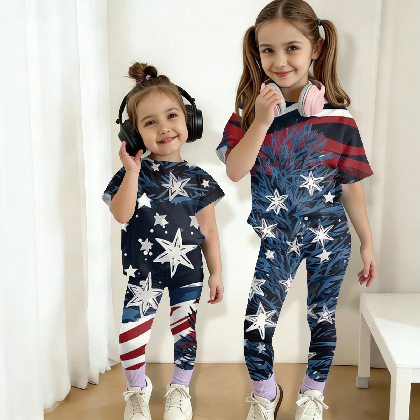 

Kids Independence Day Outfit Set Tie Dye Short Sleeve T Shirt and Long Pants Two Piece Casual Suit for Boys and Girls 130 тёмно-синий