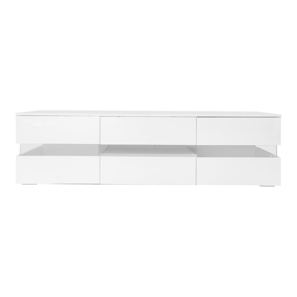 Moderner weißer High-Gloss TV-Schrank, 160x39x45 cm, LED-Beleuchtung, 2 Türen, 1 Schublade, Offenes Fach, 70-Zoll-Fernseher, Acrylglas-Einsatz, Push-to-Open