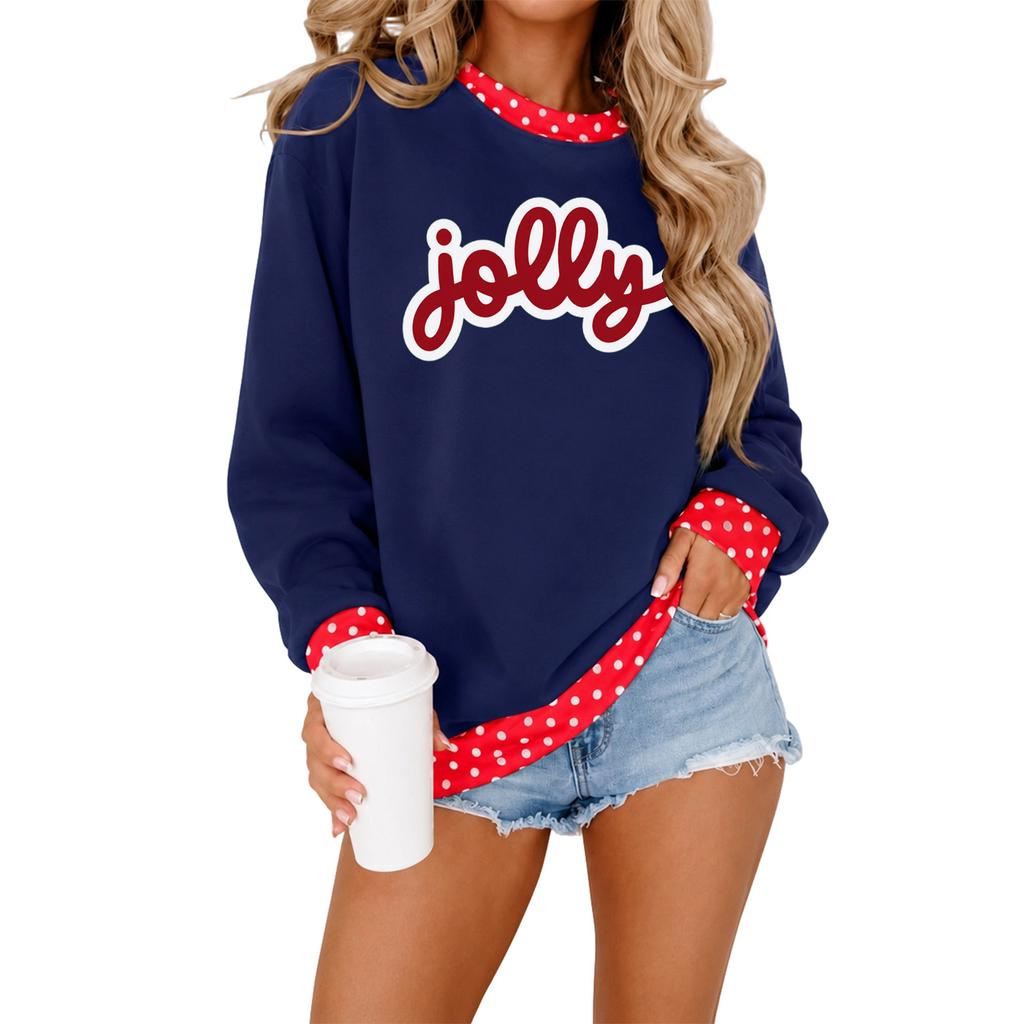 Women's Christmas Sweatshirt Casual Letter Polka Dot Color Block Pullover Top for Holiday