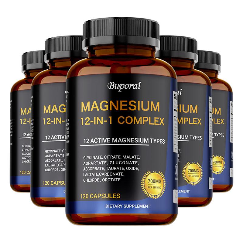 Magnesium 12-in-1 Complex Capsules, 700 Mg Per Serving, Containing a Mixture of Magnesium Glycine, Magnesium Citrate, and Magnesium Malate.