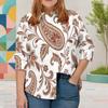 Women Plus Size Collared Long Sleeve Printed Red Floral Button Front Shirt Curved Hem