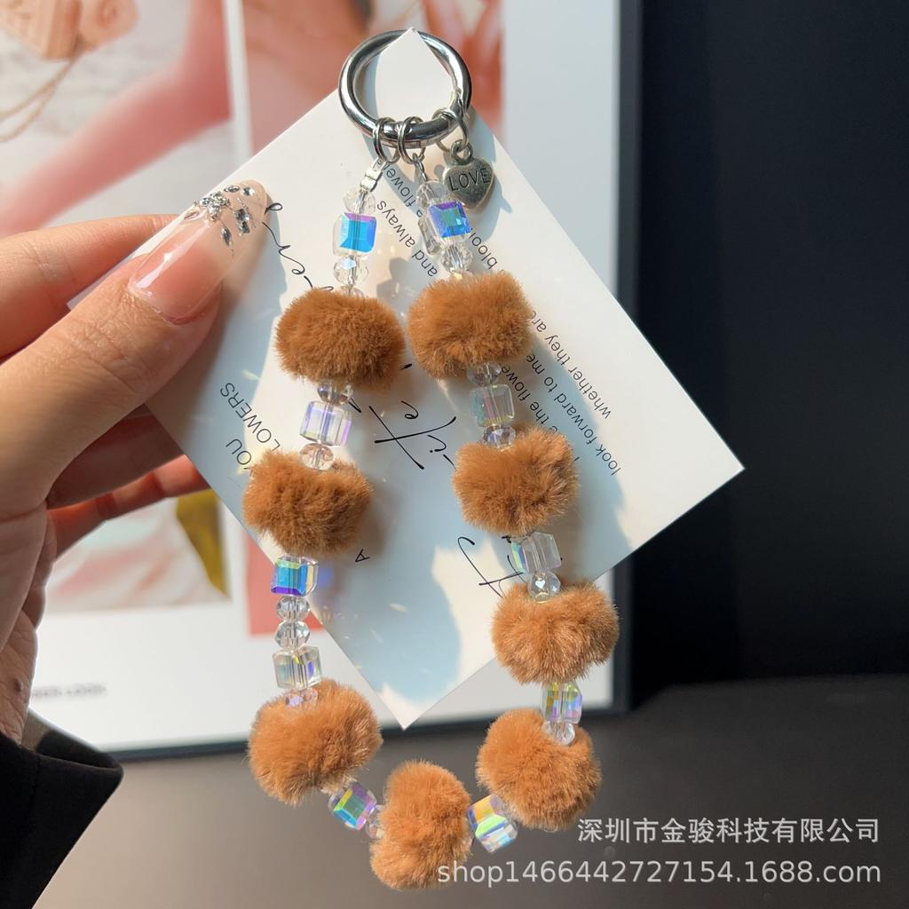 Crystal Pom-Pom Autumn Winter Phone Chain Keychain Plush Beaded Bracelet Bag Pendant Small Gift Phone Strap Wholesale