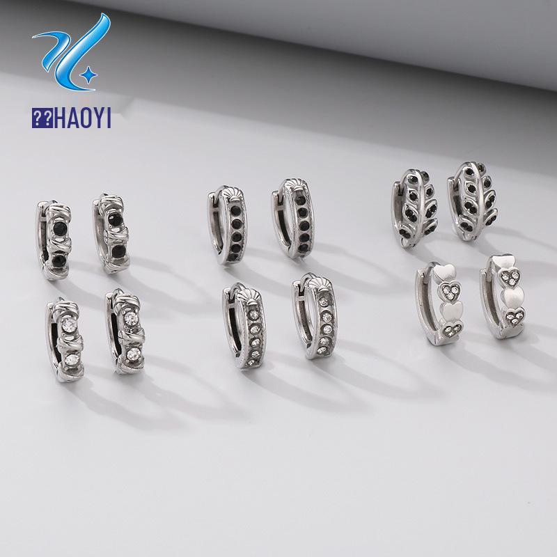 

INS Geometric Leaf Titanium Steel Earrings with Inlaid Diamonds and Love Heart Hoops