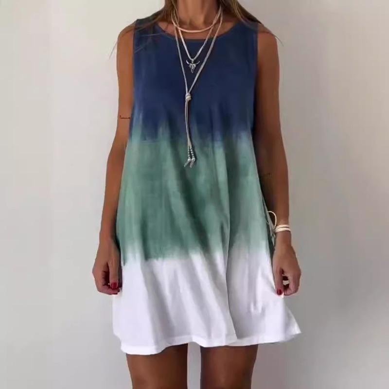 

2024 Summer Round Neck Dress for Women Tie Dye Sleeveless Dresses Fashion Loose Simple Vacation Ladies Casual Wear Robe Femme L