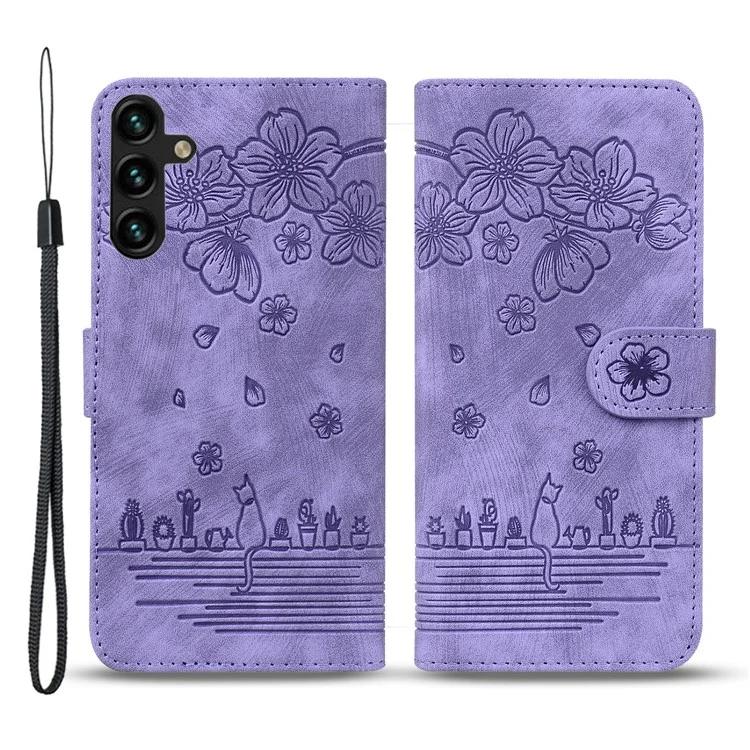 

For Samsung Galaxy A55 5G Leather Case Imprinted Flower Cat Phone Cover with Hand Strap