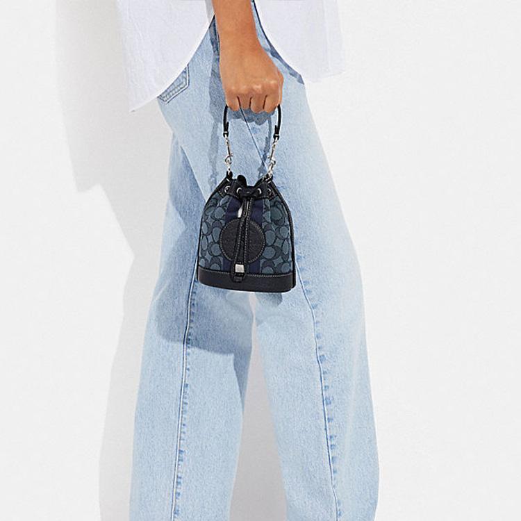 New COACH Dempsey Fabric With Cow Leather Bucket Bag Handbag Shoulder Bag Crossbody Bag Small Size Women's Midnight Blue C8322-SVVGD