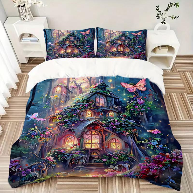 3Pcs Fairy Tale Forest House Bedding Set Quilt Cover Pillowcase Home Christmas Xmas Halloween Gift 1 Duvet Cover 2 Pillowcase M924451