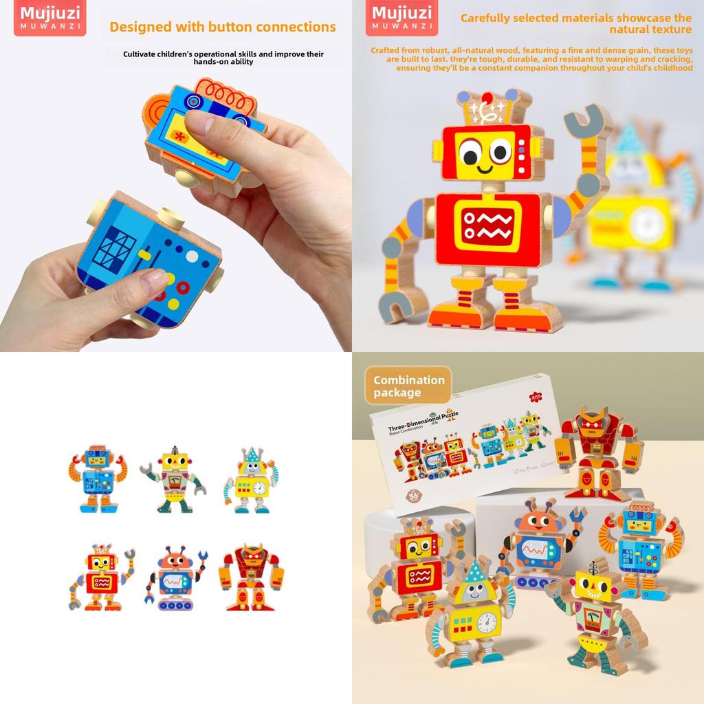 Juego de Bloques de Construcción de Ensamblaje de Robot de Dibujos Animados de Madera de 6 Piezas Juguete Rompecabezas Infantil Para el Desarrollo Cerebral