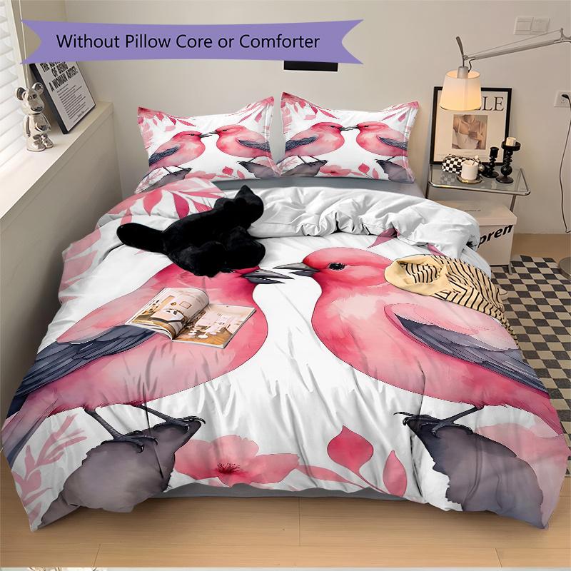 3pcs Two Pink Birds in Love Bedding Set, Including 1 Quilt Cover and 2 Pillow Shams, Without Filling, Soft and Comfortable Home Bedroom Fabric