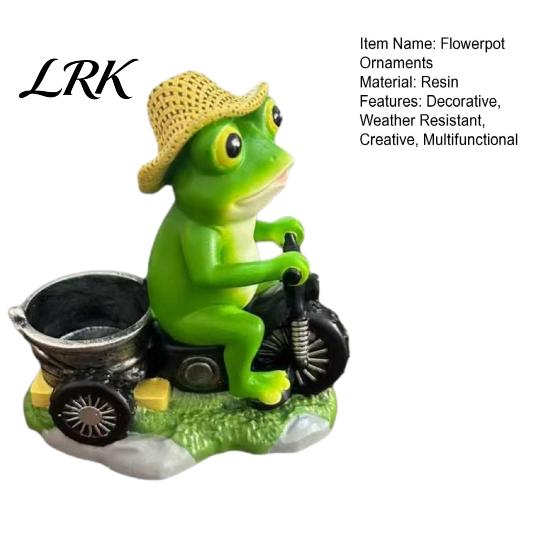Garden Accessories for Plant Pots Cycling Frog Figurine, Creative Flowerpot, Resin Statue, Weather Resistant Charming Tabletop Decor Succulents