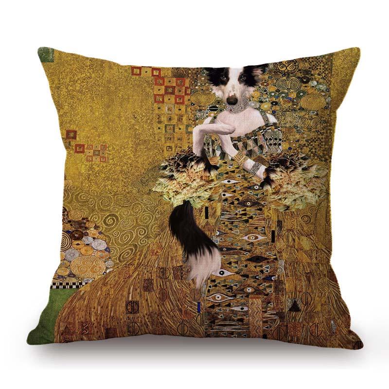 Nouveau Art Gustav Klimt Style Cute Dog Funny Lovely Gold Color Home Decoration Sofa Pillow Case Cotton Linen Cushion Cover