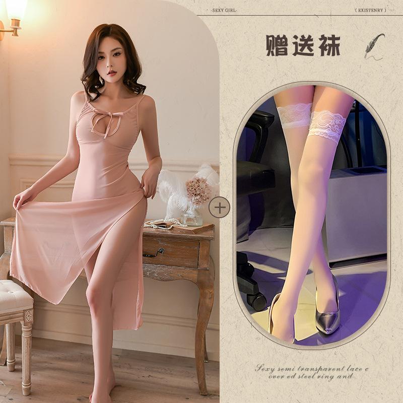 New Sexy Babes Hollowed Out and Thin Medium and Long Dresses, Inner Robes, Pajamas, High Waist Slits