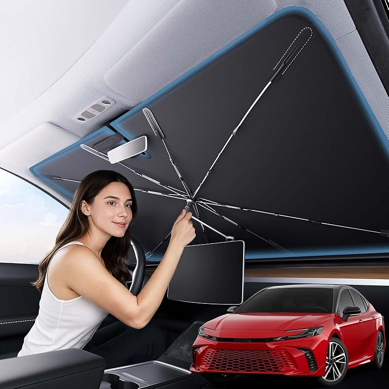 Zanch 2025 Upgraded Car Windshield Sun Shade [Cool Down By 75℉ ] With Heat Ulation Coating, Foldable Sunshade Umbrella With Flexible Handle & Ribs,