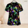 Women Plus Size Keyhole Neck Short Sleeve USA Flag Printed Nurse Scrub Top With Front Pockets