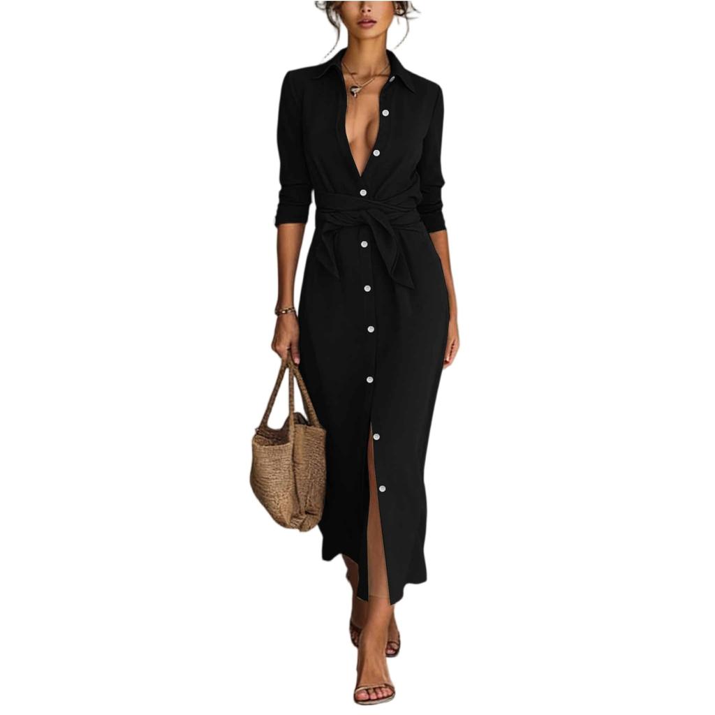 Women's Long-sleeved Elegant Casual Tie-waist Button-down Shirt Dress