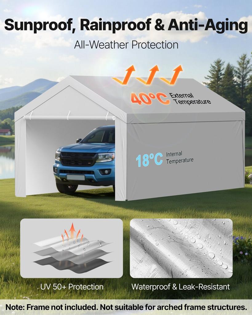 Carport Replacement Canopy, 6 x 4 m Potable Garage Tent Top Tarp with Sidewalls, UV-Resistant & Waterproof, Heavy Duty Car Shelter Tarp with Ball