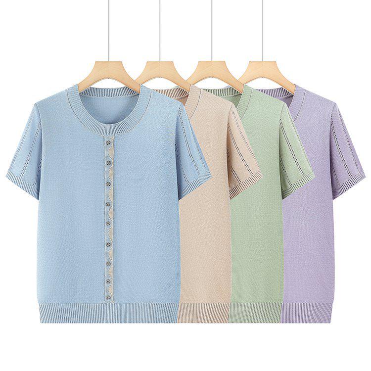 

Elegant Ice Silk Knit Top for Middle-Aged & Elderly Women - Summer Short-Sleeve T-shirt 5XL небо синє кольору