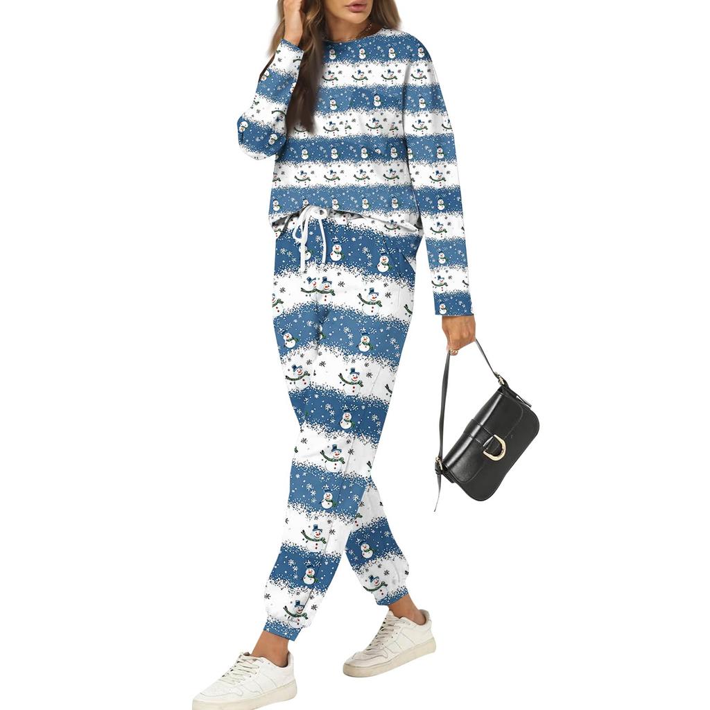Sets For Women 2 Piece Round Neck Long Sleeve Shirts Printed Sweatpants Pocket Sets