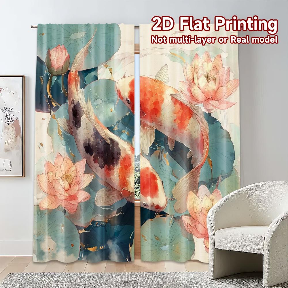 2pcs, 2D FLAT PRINTING Curtains (Without Rod) Koi Serenade Fashionable Popular Curtains Durable Polyester Curtains Decorations