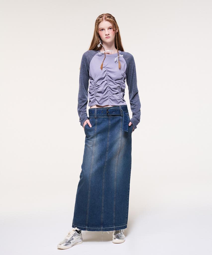 Etmont Wide Belt Long Denim Skirt, Blue