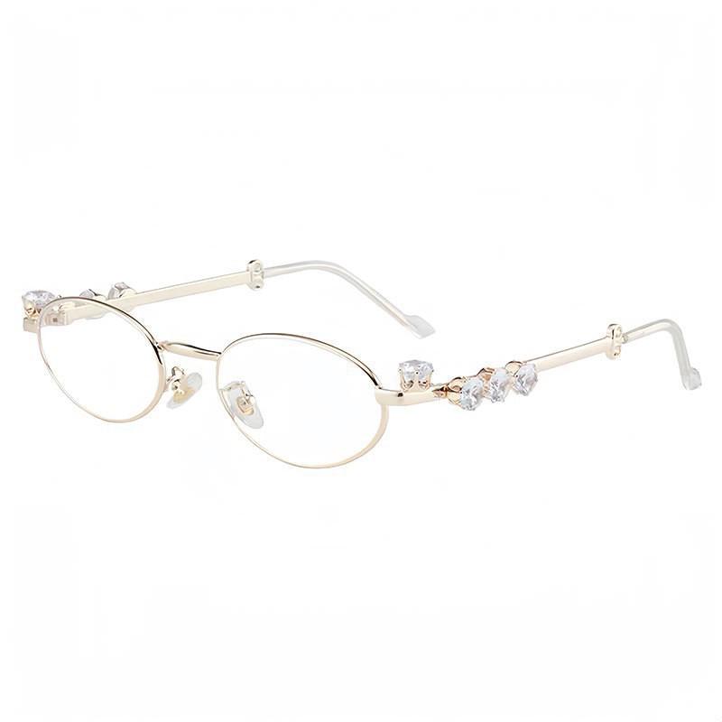 GM Diamond-Set Silver Frame Oval Y2K Glasses - Women's Small Frame, Myopia-Compatible, Makeup-Free Look.
