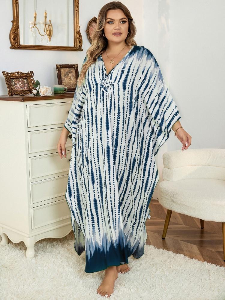 EDOLYNSA Blue Striped Kaftan Bohemian Bat Sleeve Beach Dress Ladies Vacation Bathing Suit Cover Up Summer Wear Homewear Q1523