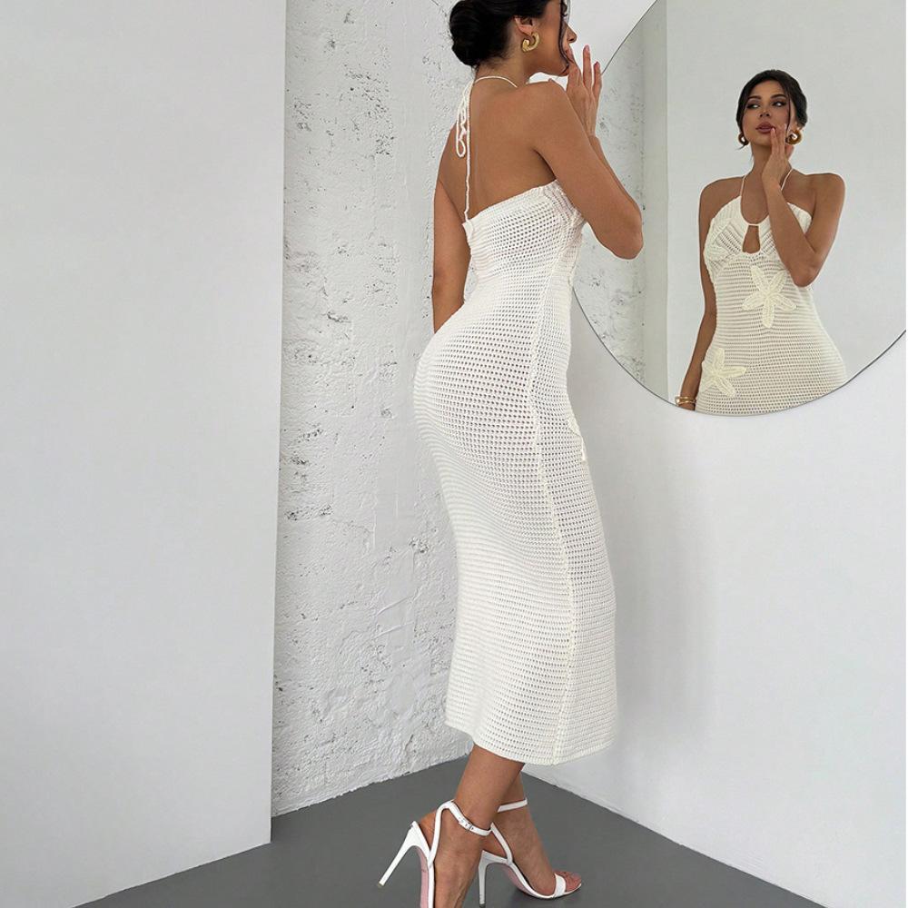 New Summer Sexy Hollow Floating Flower Neck Lace Casual Beach Dress