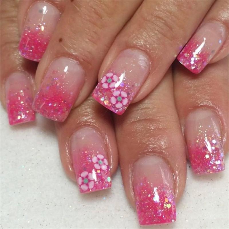 

24 Pcs Glittering Sequins Artificial Nail Flowers False Nail Full Cover Stick on Nail Medium Square Press On Nail 1