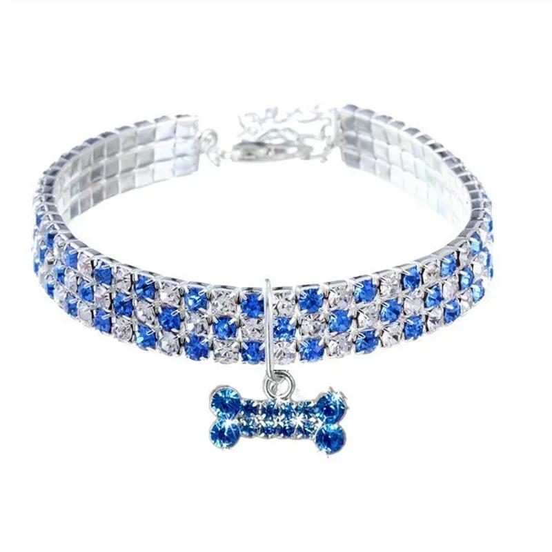 Bling Pet Dog Collar Pitbull Pug Bone Pendant Crystal Cat Collars Small Medium Dogs Chihuahua Pug Necklace Loop Pets Accessories