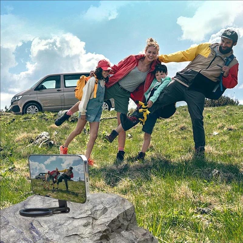 Alloy Folding Magnetic Desktop Phone Holder For Iphone 15 14 13 12 Pro Cell Phone Holder Double Ring For Magsafe Strong Magnetic