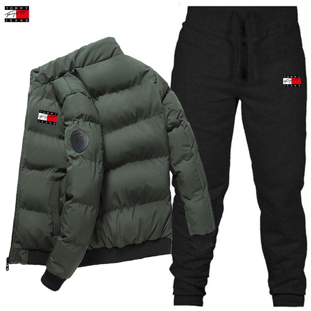 Warme Herren Winter Baumwoll-Jacke und Hose Set mit Stehkragen, bedruckt