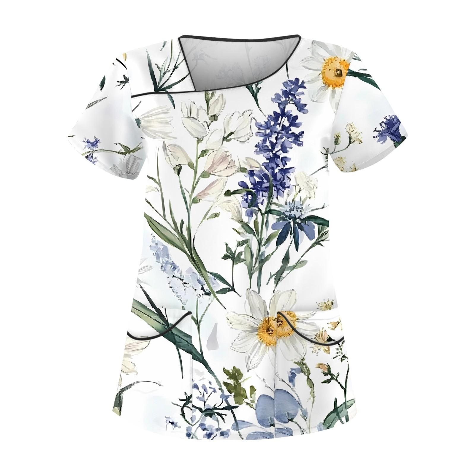 

Женская повседневная рабочая одежда с короткими рукавами и наклонным воротником с принтом и двойными карманами XL белый