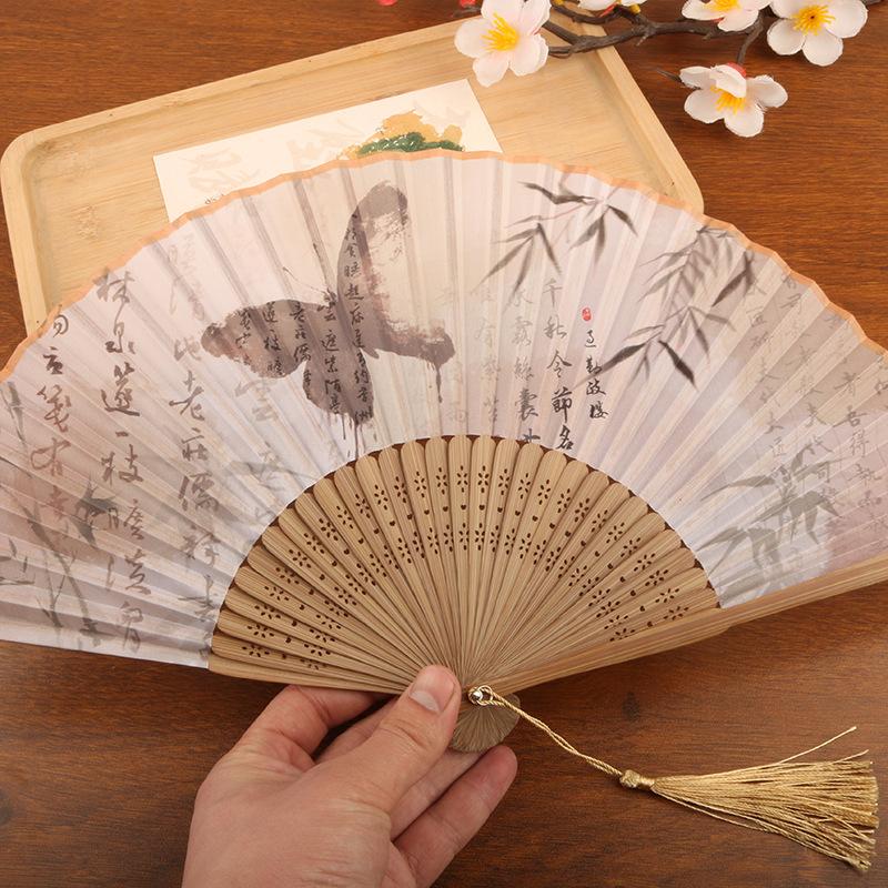 1pc Chinese Style Bamboo Folding Fan Butterfly Pattern Hand Fan With Tassel For Wedding Dance Party Home Decor